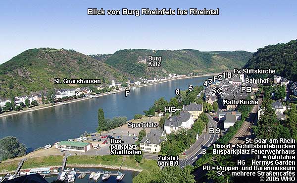 Blick von Burg Rheinfels ins Rheintal mit St. Goar, St. Goarshausen und Burg Katz.  2005 WHO